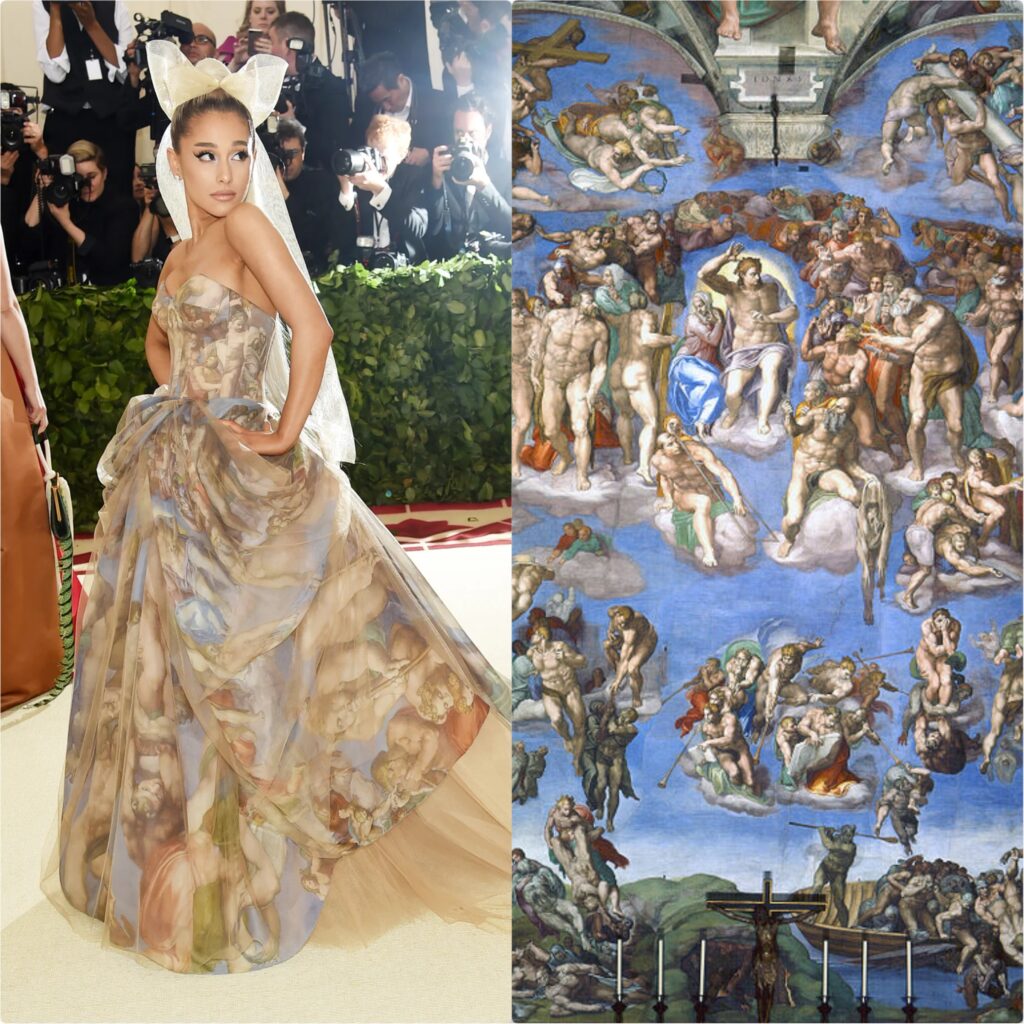 Left: Ariana Grande in Vera Wang's dress, Met Gala 2018, New York, NY, USA. Glamour; Right: Michelangelo, The Last Judgement, ca. 1536-41, Sistine Chapel, Vatican City. Detail.