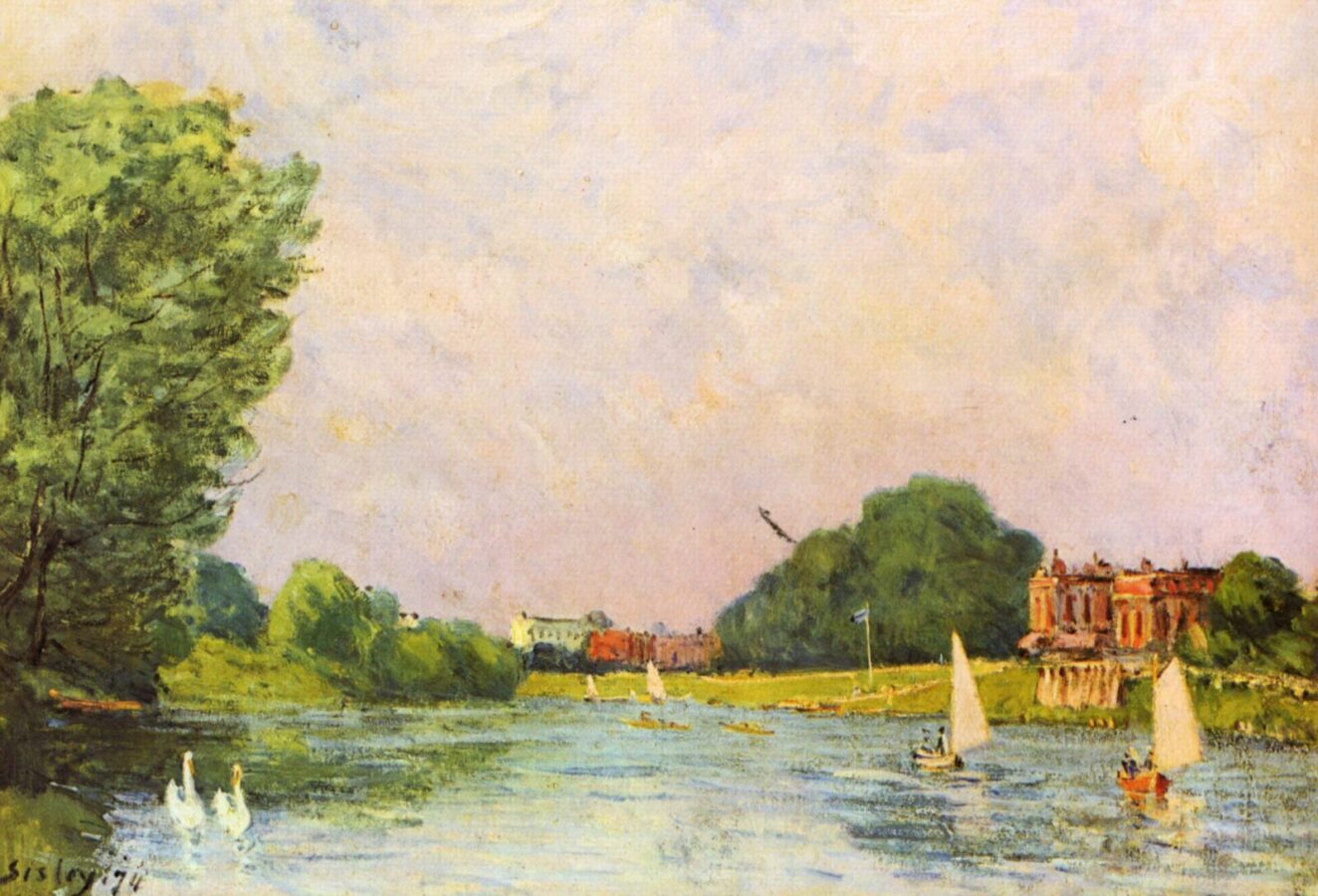 The painting of Alfred Sisley, Thames at Hampton Court, 1874. It portrays a bright landscape. 