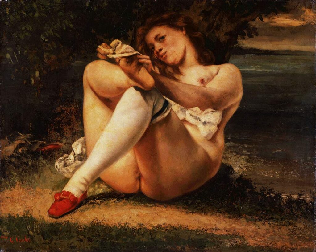 The painting of Gustave Courbet, Woman with white stockings, 1861. It portrays half-seated nude female in the provocative pose. impressionism