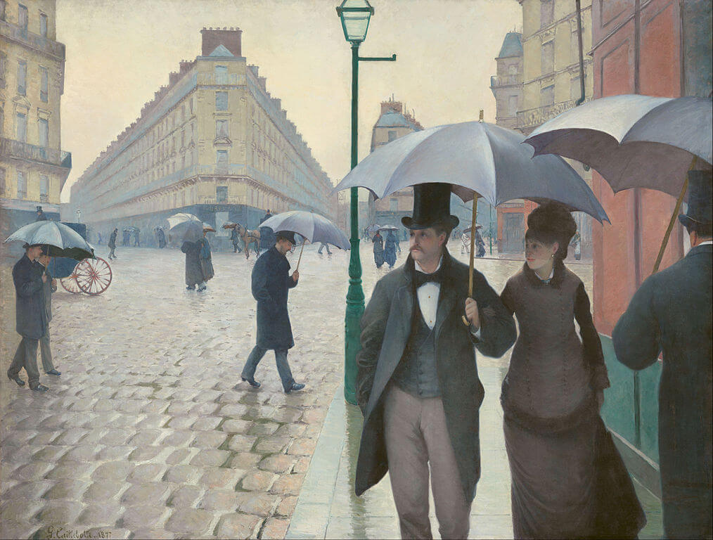 Caillebotte, couple walks down Paris street in rain, Impressionist, Impressionism