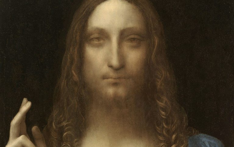 most expensive paintings: Leonardo da Vinci, Salvator Mundi, c.1500, private collection. Wikimedia Commons (public domain). Detail.
