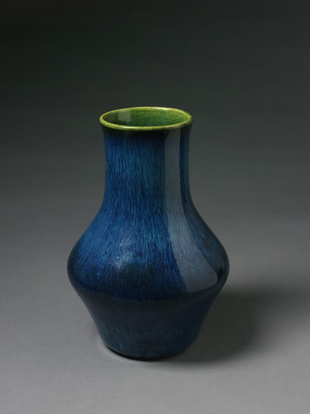 Arts and Crafts' Principles in Interior Design: Ruskin Pottery Vase in bright cerulean blue and pear green interior