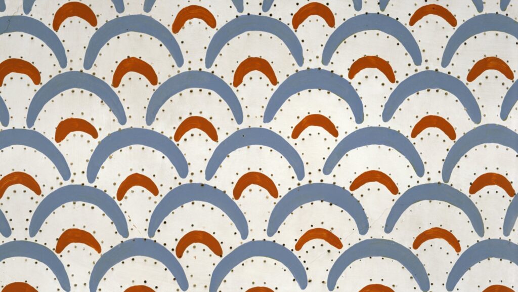 Detail of ceiling at The Red House, half moons in blue and brick colors William Morris, Philip Webb, and friends