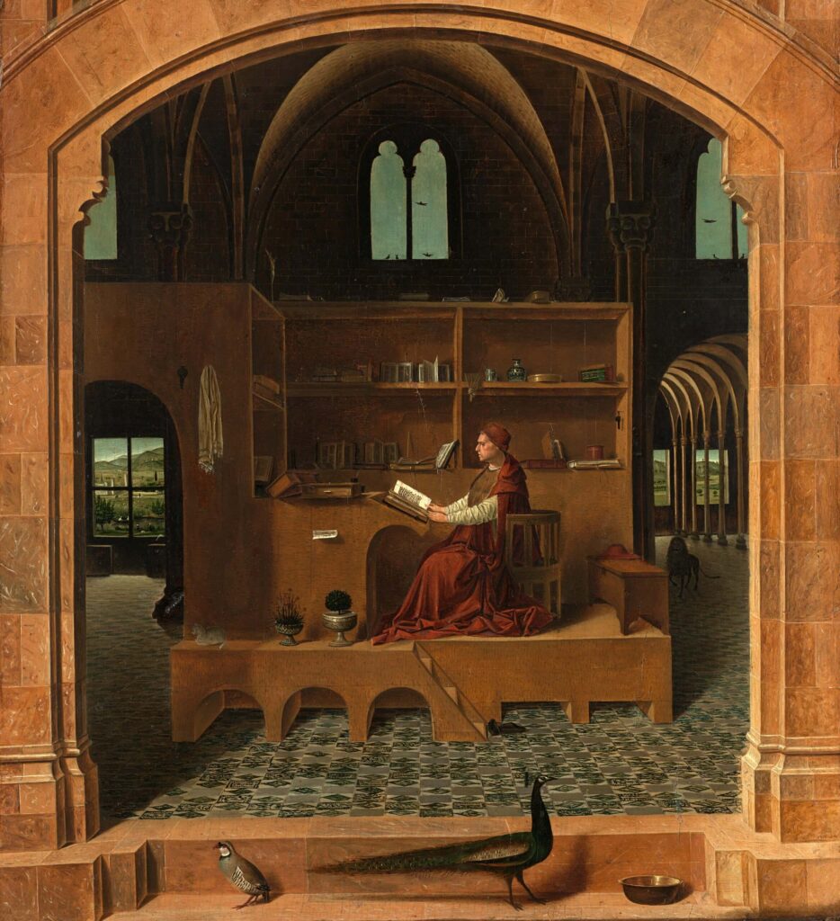 Antonello da Messina, St. Jerome in His Study. the man is sitting and reading a book in the church settings, the lion is in the background, cat is lying on the platform on the left