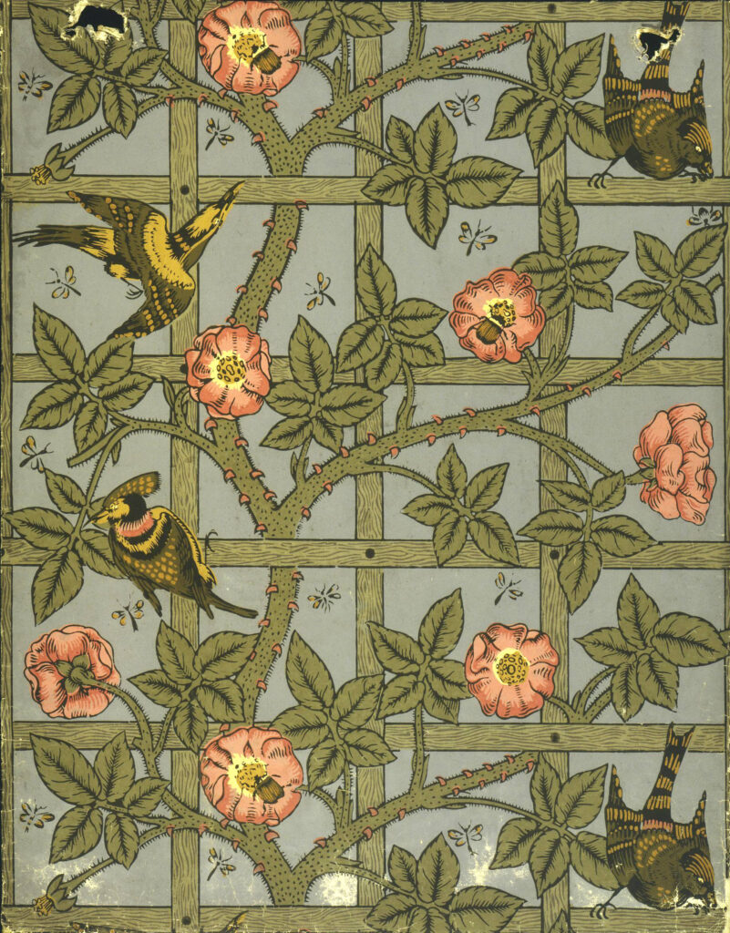 Arts and Crafts' Principles in Interior Design: William Morris Trellis Wallpaper design, in light blue, green, and coral palette, with roses growing on a trellis, and birds