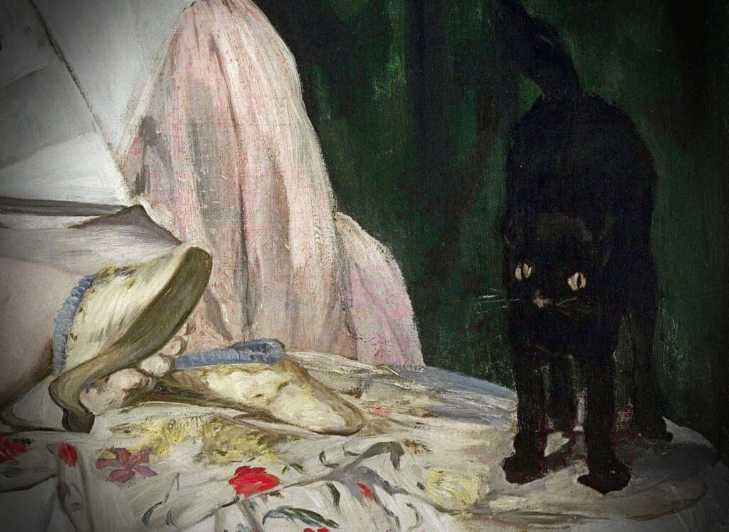 Edouard Manet, Olympia the close-up of the cat standing on the bed and looking straight at the viewer