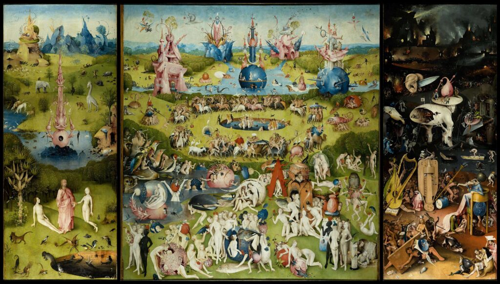 Hieronymus Bosch, The Garden of Earthly Delights. On the inner face of the triptych, three scenes share the concept of sin, on the left panel, Adam and Eve, and is punished in Hell in the right panel. The centre panel depicts a Paradise that deceives the senses, a false Paradise given over to the sin of lust.