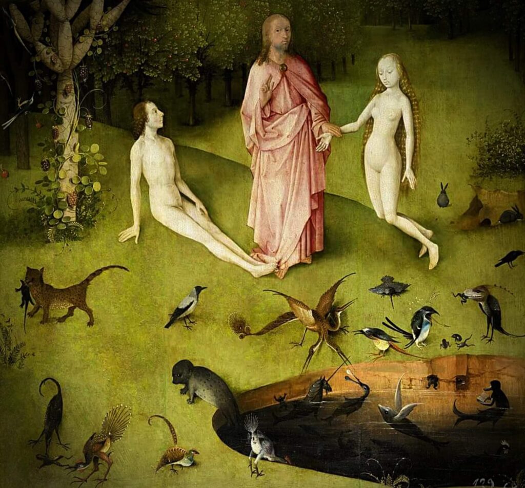 Hieronymus Bosch, The Garden of Earthly Delights, close up of the left panel, with three figures, two men, Adam and God, holding the hand of Eve, cat is on the right with the prey in its mouth