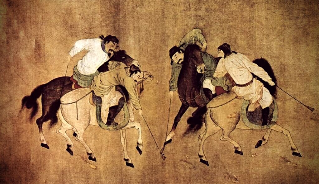 Modern Sports Played in Ancient China, Li Lin, painting of the Game of Polo, four players are fighting for the ball