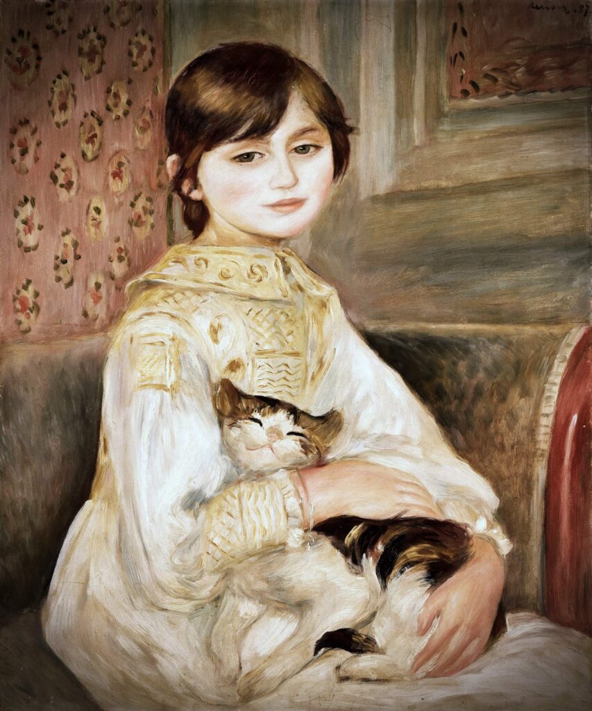 Spot a cat! Cats hidden in famous paintings: Pierre-Auguste Renoir, Portrait of Julie Manet (or Girl with a Cat), painting of the girl looking directly at the viewer with her cat in her arms