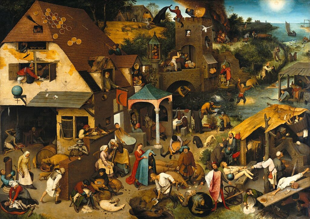 Pieter Bruegel the Elder, Netherlandish Proverbs painting of many villagers engaged in various activities, the man and cat is in the bottom of the painting, on the left