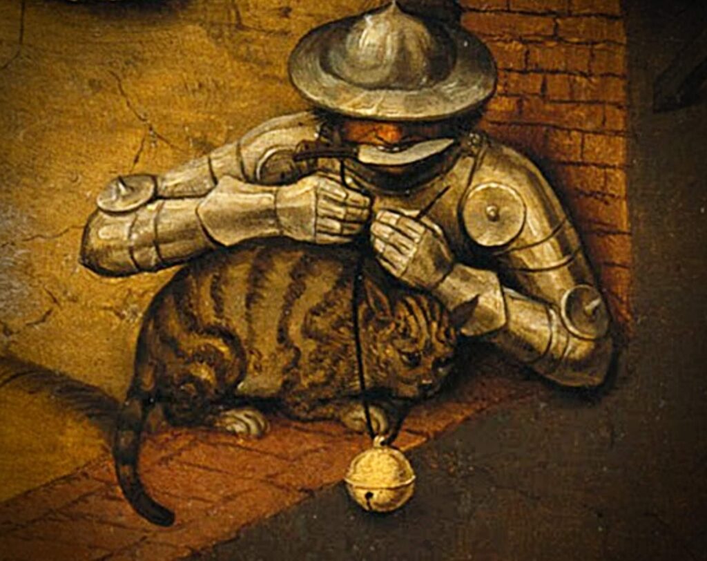 Spot a cat! Cats hidden in famous paintings: Pieter Bruegel the Elder, Netherlandish Proverbs the close-up of the man in armor and knife in his teeth trying to hang a bell on the cat