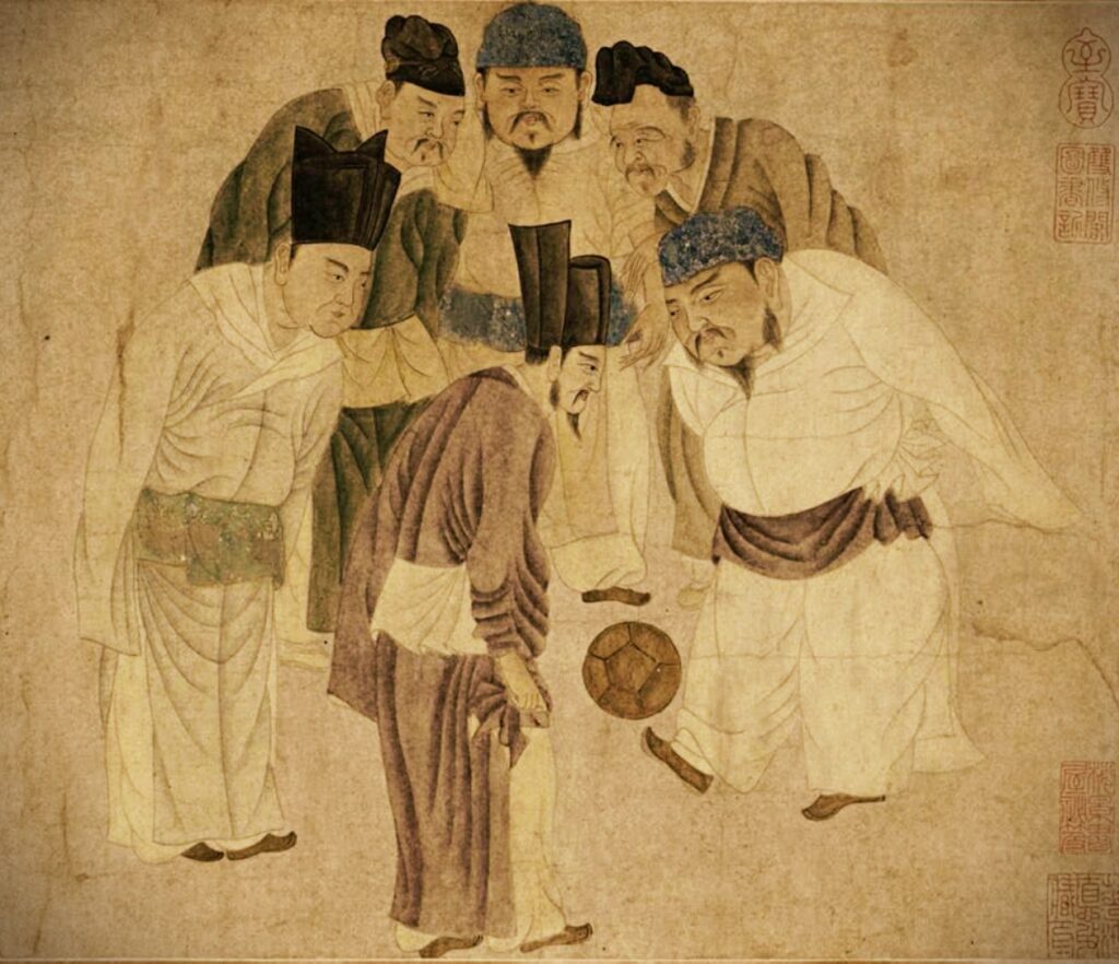 Modern Sports Played in Ancient China, painting of Qian Xuan, Emperor Taizu and his Prime Minister kicking the ball, other court officials are watching the game