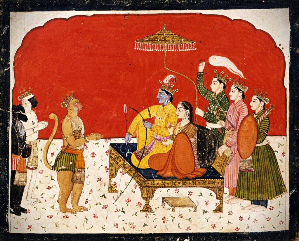 The painted folio from Ramayana with Rama and Sita sitting in front of the monkey Hanuman, three men are behind the group