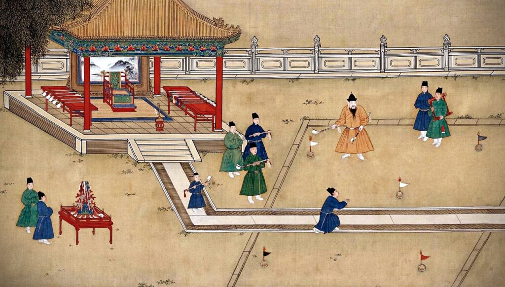 Modern Sports Played in Ancient China: Shang Xi, painting of Xuande Emperor playing golf surrounded by his court officials