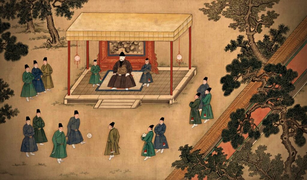 Modern Sports Played in Ancient China, painting of the Xuande Emperor watching his officials playing the game of cuju, football