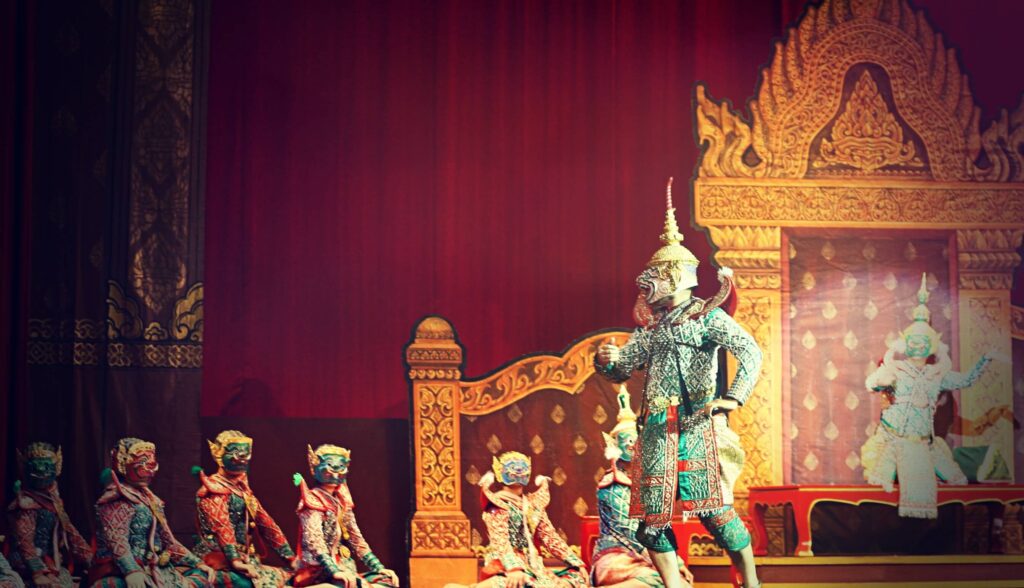 The Khon (Thai masked dance drama) performance with dancers in the traditional costumes and colorful masks