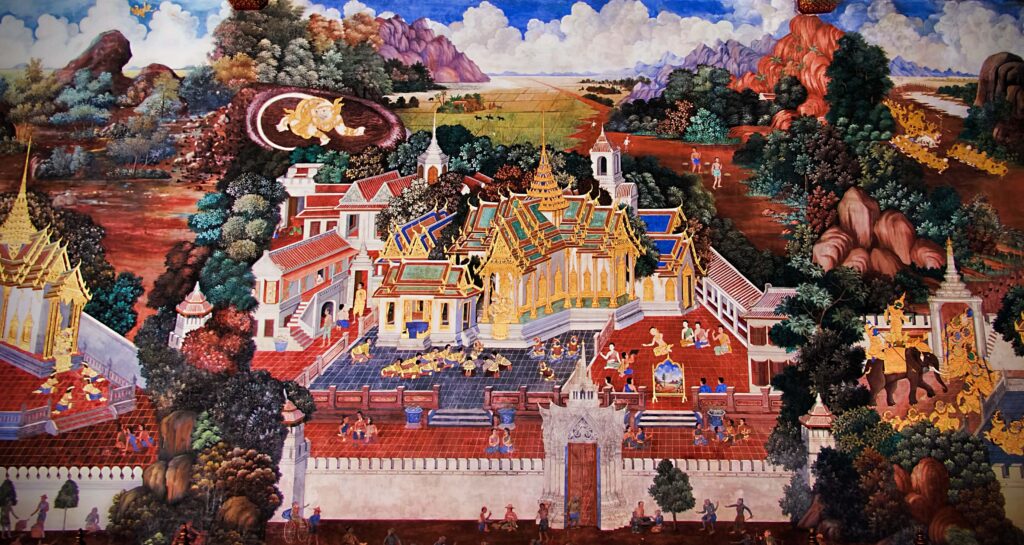 the detail of the Ramakien mural with the palace and figures inside, surrounded by the forest and hills