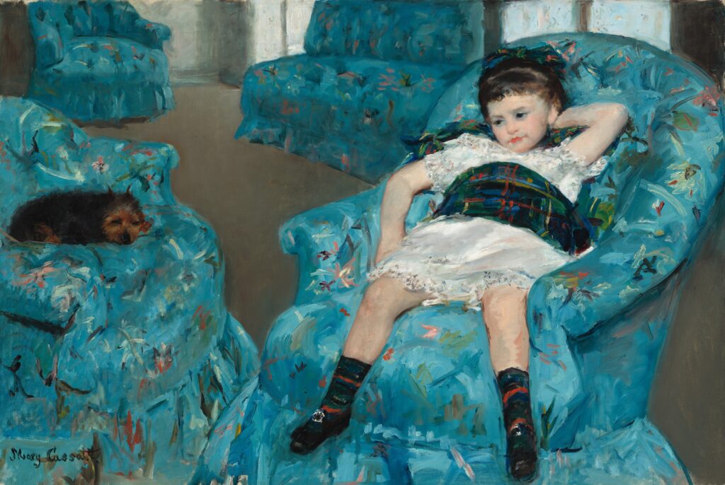 Impressionists dailyart Mary Cassatt, Little Girl in a blue armchair, Impressionist, 