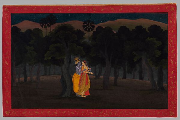 Ten most romantic artworks about love: Radha and Krishna Walking at Night, folio from the Tehri Garhwal series of the Gita Govinda