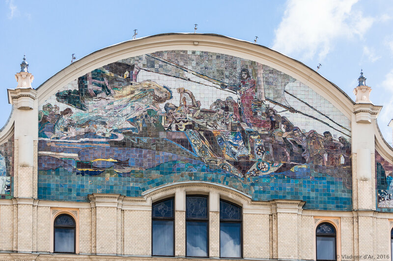 Russian Art Nouveau buildings: Mikhail Vrubel, Princess of Dreams, majolica panel, 1896, Hotel Metropol, Moscow, Russia.