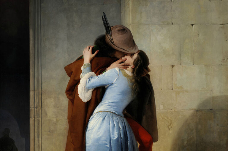 romantic artworks love: Francesco Hayez, The Kiss (El Beso), 1859, Pinacoteca di Brera, Milan, Italy. Detail.
