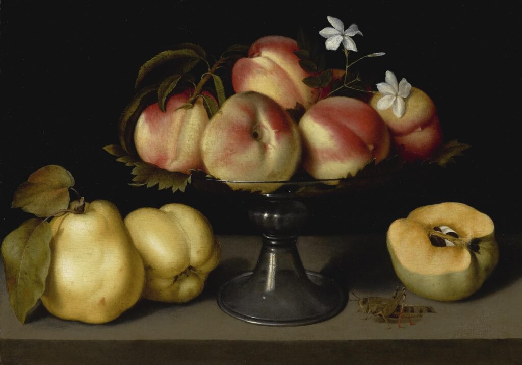 Fede Galizia, A Glass Compote with Peaches, Jasmine Flowers, Quinces and a Grasshopper