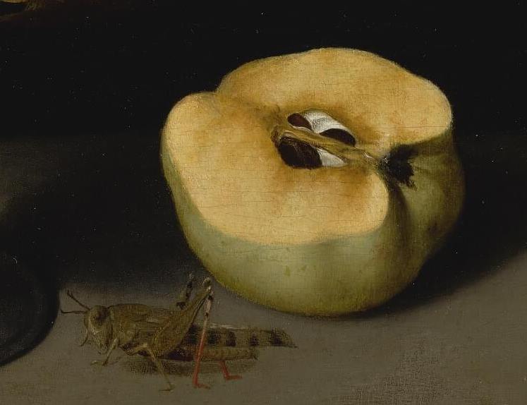 Fede Galizia, A Glass Compote with Peaches, Jasmine Flowers, Quinces and a Grasshopper1