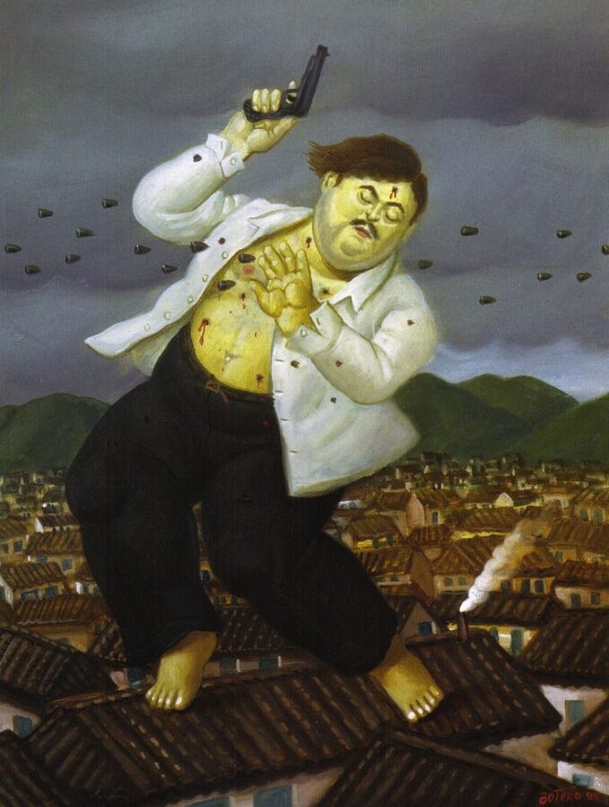 The chubby art: Fernando Botero, Pablo Escobar´s death. Shows the drug trafficker Pablo Escobar looking heavy and tall like a barefoot giant standing on a house roof, with a gun in his right hand and trying to protect himself with his left hand while being shot .