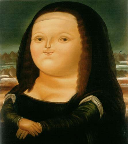 The chubby art: Fernando Botero, Mona Lisa age twelve. Shows a replica of the famous painting The Mona Lisa, modified with infantile and chubby features, conserved posture and tonality of colors.