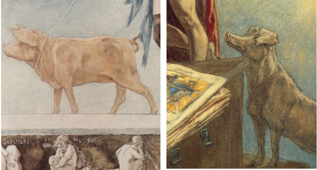 Left: Félicien Rops, Pornocrates, 1878, Musée Félicien Rops, Narmur, Belgium. Enlarged detail. Wikimedia Commons. 
Right: Félicien Rops, The Temptations of St. Anthony, 1878, Royal Library of Belgium,
Brussels, Belgium. Wikimedia Commons. Enlarged detail. 