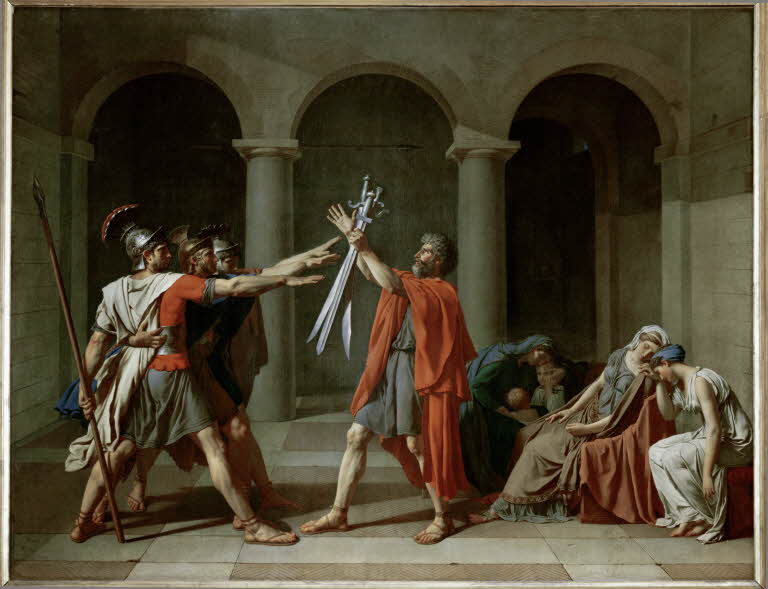 Art History 101: The Oath of the Horatii, triplet Horatii Taking an oath, hands outstretched, painting by Jacques-Louis David