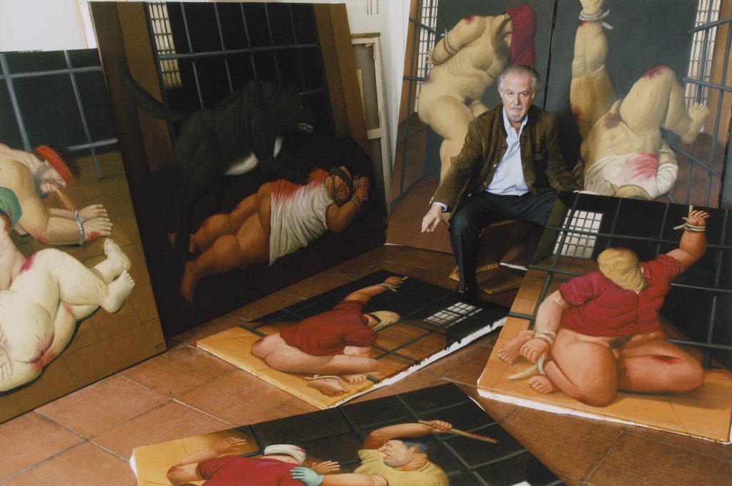 Fernando Botero in his Paris studio, with paintings from the Abu Ghraib series, 2005. the chubby art