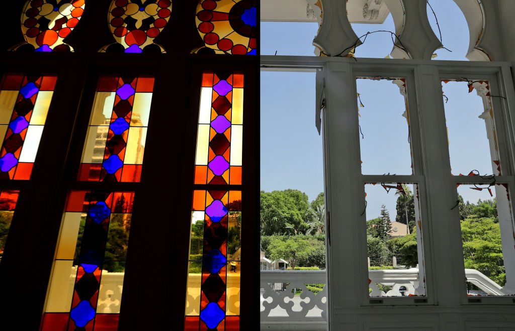 Beirut's Art Scene: Side by side photos of the stained glass windows at the Sursock Museum. Left shows them intact, right shows them destroyed by the blast. 