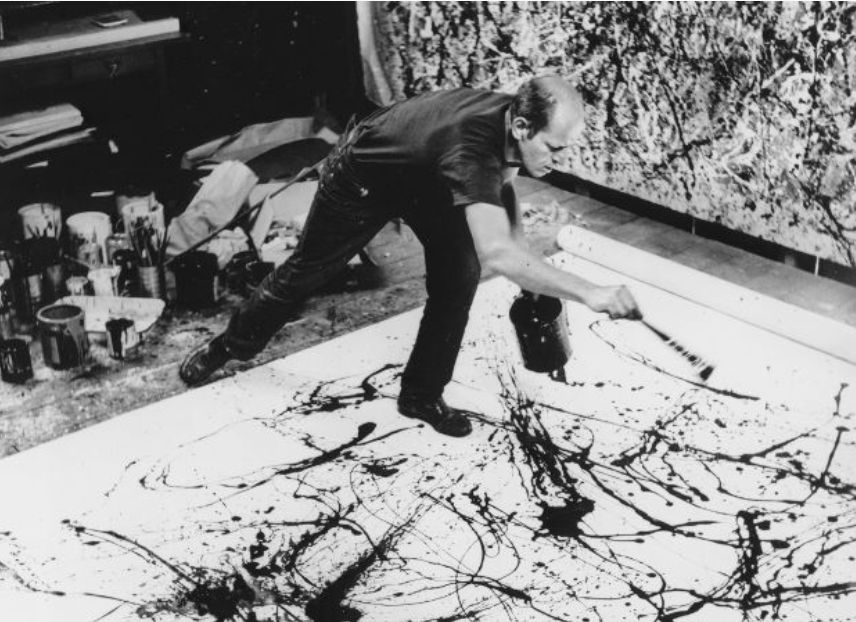 Jackson Pollock during painting. Still from Jackson Pollock Action Painting, NCGSArt/Youtube. 