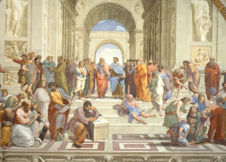 art history: Raphael, The School of Athens, 1509-1511, Apostolic Palace, Vatican City, Vatican. Detail.
