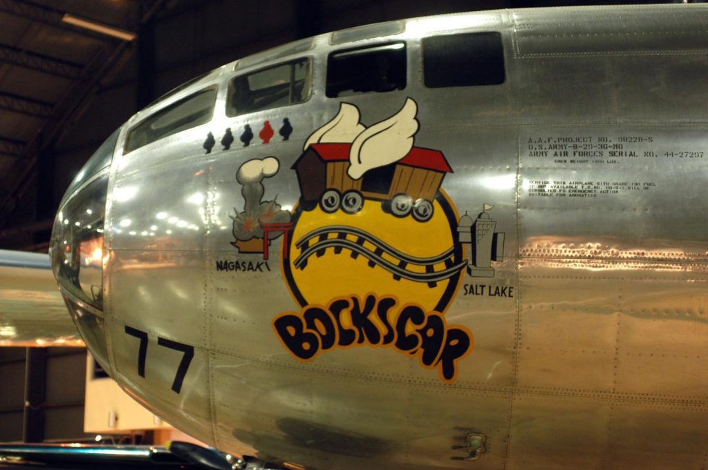 B-29 Bockscar Superfortress with Winged Wagon Nose Art on the fuselage.