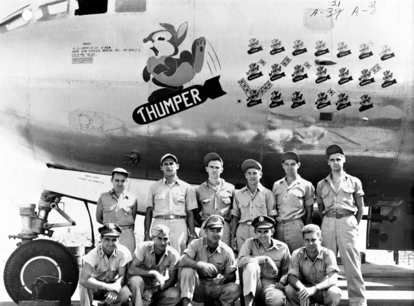 Nose Art by pilots: Boeing B-29 Superfortress "Thumper", a rabbit from the Walt Disney movie Bambi and the crew, 497th Bomb Group, 890th Squadron.