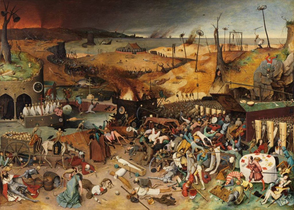 10 Most Scary Paintings: Pieter Bruegel the Elder, The Triumph of Death,. It is a panorama of death: the sky is darkened by smoke from burning cities, in the background a sea full of shipwrecks; on the shore there is a house, around which an army of dead people is gathered. There is a cross, solitary and impotent in the center of the painting, and Death advances with battalions of skeletons; their shields are coffin lids and lead people to a coffin that is a tunnel decorated with crosses; a skeleton on horseback destroys people with its scythe. Everywhere helpless men are attacked; terrified they flee or try in vain to fight. On the left there is a wagon with skulls, which no doubt will later form the army of the dead. Above them, some skeletons ring a bell warning of the end of the world. In front, on the lower left side, the king lies, dressed in his cape with ermine turns and with the scepter in his hand. Peasants, soldiers and even nobles and even kings, all trapped by Death. A little more toward the center of the foreground, a dog sniffs the face of a child, dead in his mother's arms, also fallen. Some corpses have already been shrouded and one of them lies in a coffin with wheels. Aspects of daily life in the mid-sixteenth century are observed, clothes are drawn in detail, and hobbies such as card games. 
