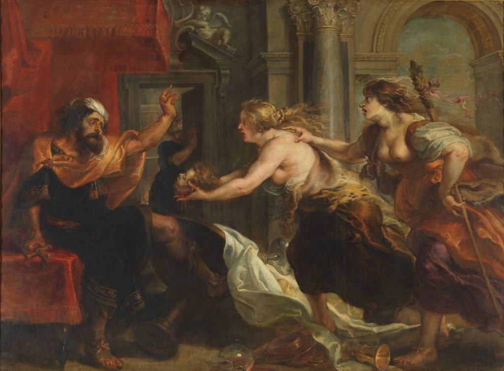  Peter Paul Rubens, Tereus' Banquet. At the end of the dismal banquet, Filomena (his sister-in-law) enters the room with the head of little Itis (son of Tereo and Procne) in her hands while Procne reveals the whole story. The fury of the women and the gesture of despair and rage of Tereo is manifested, holding her sword and throwing the table, where the remains of the banquet were, with one kick. The scene takes place in Tereo's palace, so some architectures appear in the background and an open door with a servant snooping around. The gestures and expressions increase the drama, so it resembles a theatrical performance. 
