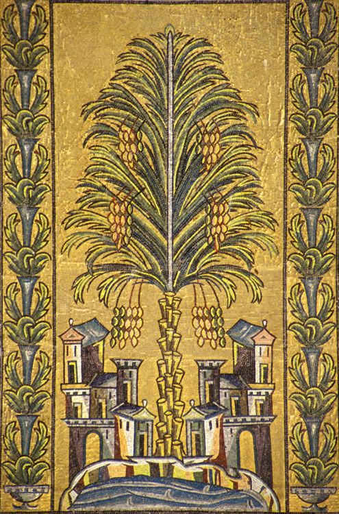 Detail depicting the Barada River and Umayyad palaces with karma vines on the margins. The Umayyad Mosque, Damascus, Syria