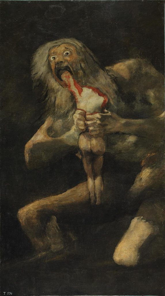 Horror in Art. Francisco de Goya, Saturn Devouring his Son, 1819-1823, oil mural transferred to canvas, Museo del Prado, Madrid, Spain. 