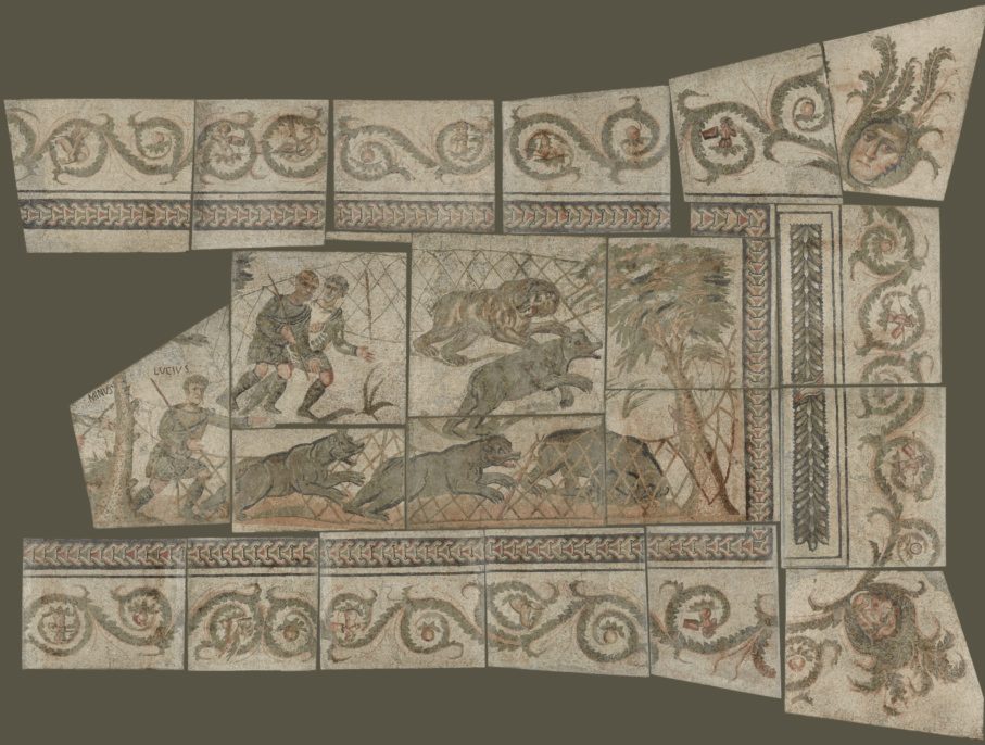 roman floor mosaics: Mosaic Floor with Bear Hunt, 4th century CE