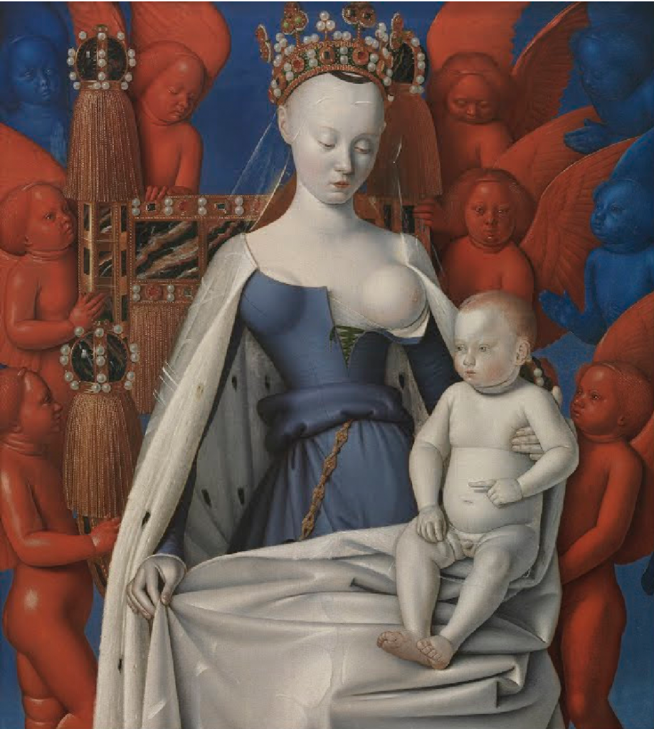  Image of right panel of Melun Diptych, showing the Virgin Mary with her breast exposed. 