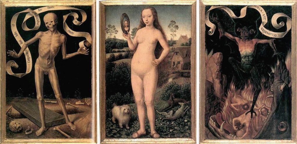 Hans Memling, The Triptych of Earthly Vanity and Divine Salvation, c. 1485, oil on oak panels, Musée des Beaux-Arts, Strasbourg, France. Wikimedia Commons.