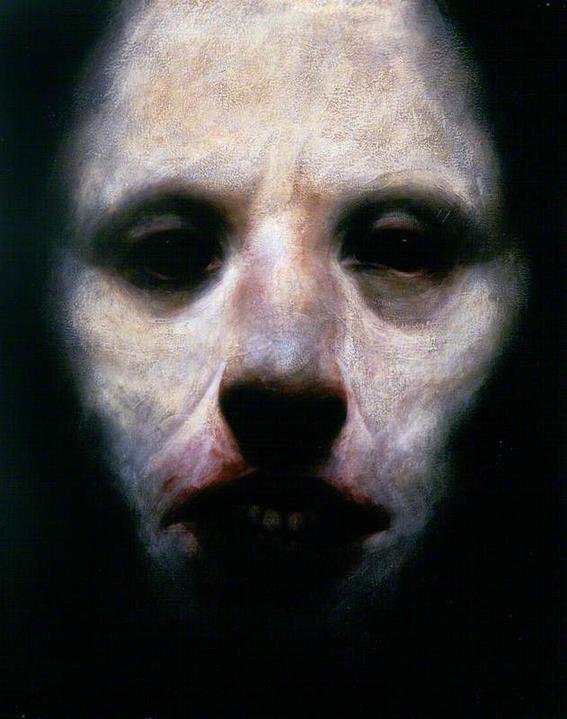 10 Most Scary Paintings: Ken Currie, Gallowgate Lard. A blurry white face with clown-like makeup, no cheerful colors. only white foundation and blood on the lips that paint your his lips in red . Deep dark circles under the eyes. The background is black and the light that illuminates him is little