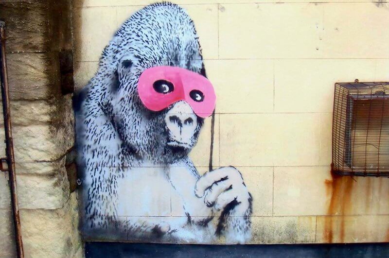 Banksy city guide 2021: Banksy, Masked Gorilla or Gorilla in a Pink Mask, around 2008