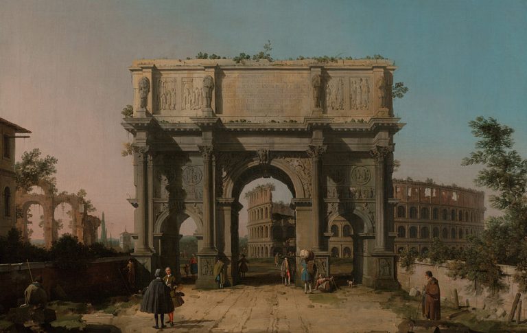 ruins in art: Canaletto, Detail of View of the Arch of Constantine with the Colosseum, 1742 – 1745, J. Paul Getty Museum, Los Angeles, USA. Wikimedia Commons.
