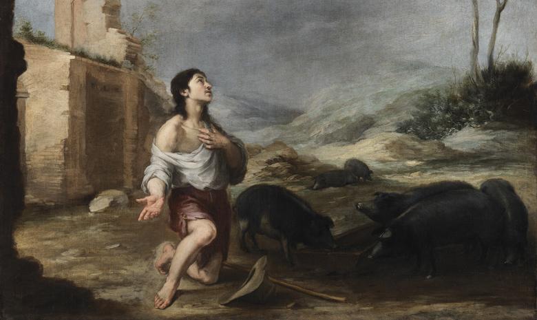 The Prodigal Son Feeding Swine, Bartolome Esteban Murillo, the prodigal is kneeling beside the swan and looking toward heaven