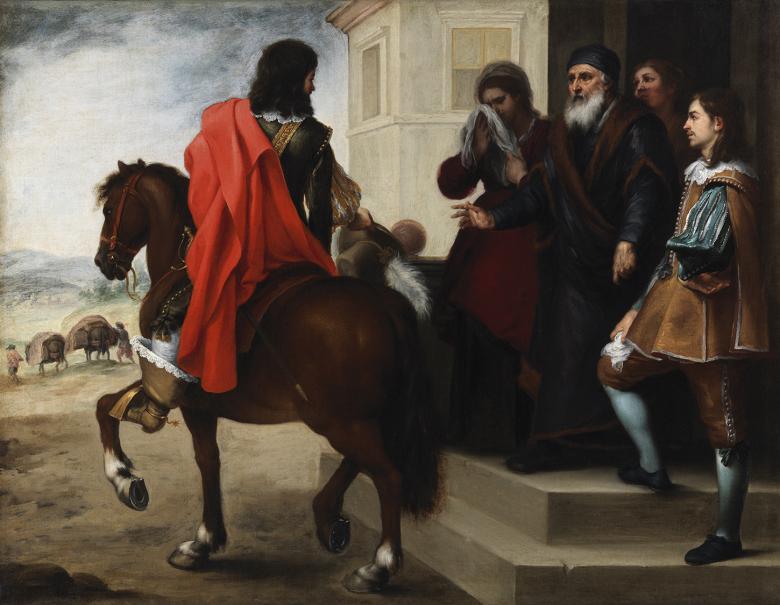 The Departure of the Prodigal Son by Murillo. The son is on horseback, bidding farewell to his family.
